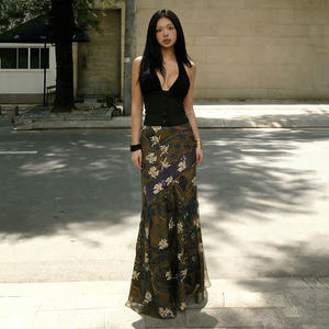 Women Retro Print <b>Mesh</b> Midi <b>Skirt</b> Double Layer A Line <b>Skirt</b> High Waist Casual Summer Fashion <b>Skirt</b> - Product Image 1