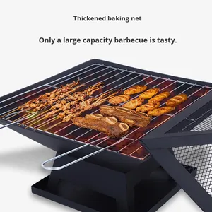 Brasero d'extérieur carré en métal pour <span class=keywords><strong>bois</strong></span> avec grille de barbecue et écran anti-étincelles pour camping, jardin et cour - Product Image 2