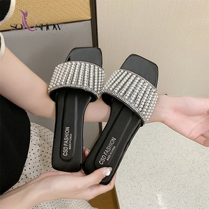 Moda <span class=keywords><strong>donna</strong></span> <span class=keywords><strong>sandali</strong></span> pu con strass all'ingrosso pantofole estive pantofole <span class=keywords><strong>da</strong></span> spiaggia piatte - Product Image 2