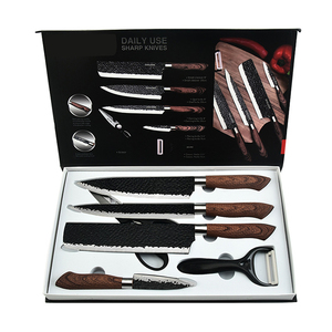 Wholesale Plastic Wooden Design Handle 6PCS Black Stainless Steel Kitchen Chef Knife Set with Gift Box