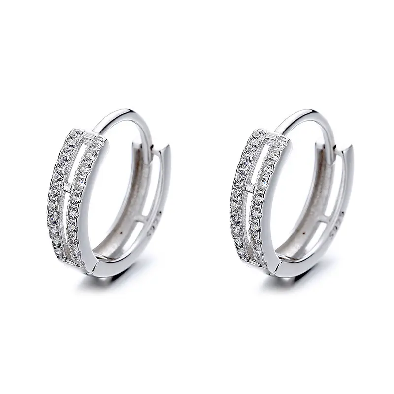 Grosir perhiasan tren anting-anting lingkaran bulat modis lapisan ganda baris 925 Sterling Silver Zirconia Hoop anting-anting Huggie