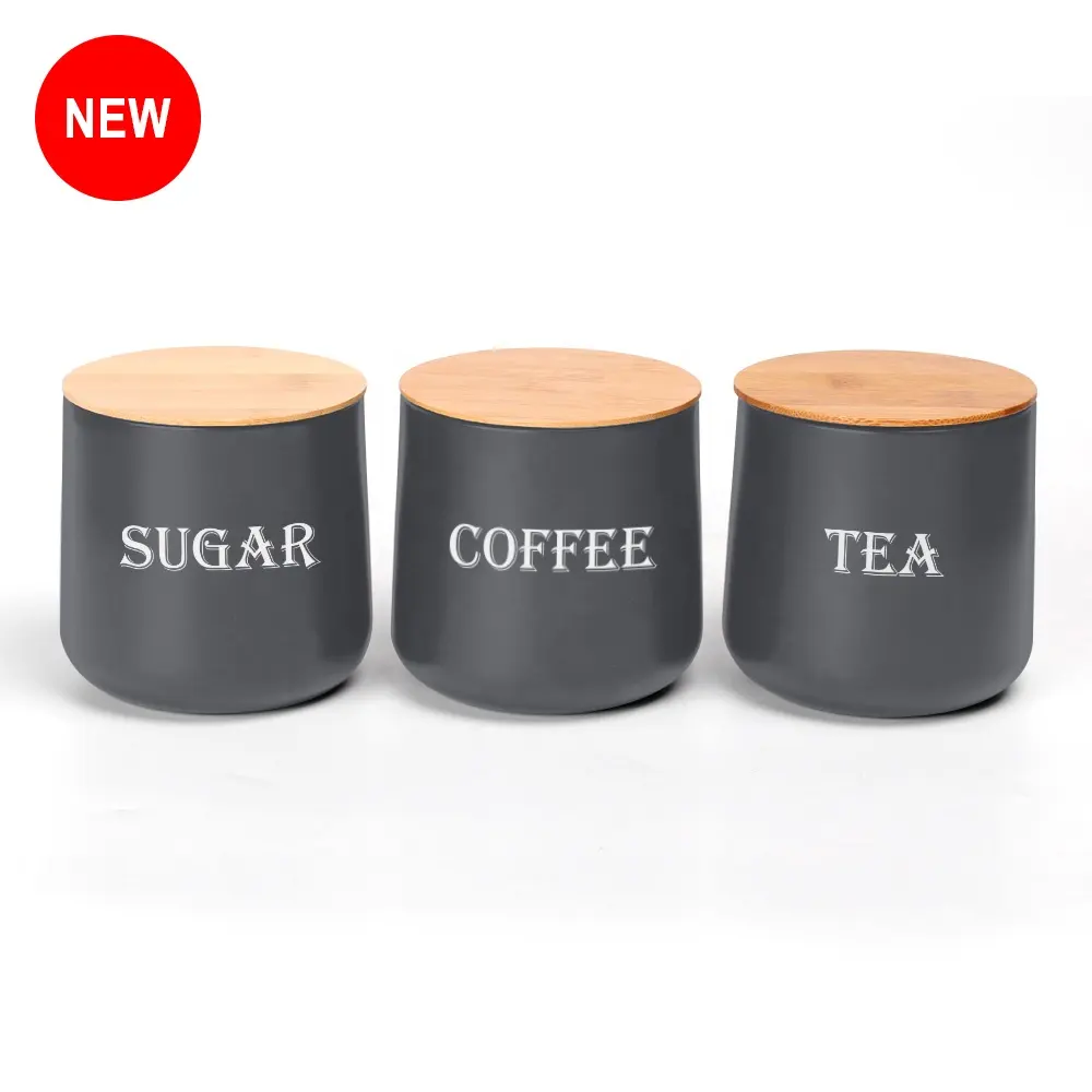 Conjunto de lata de lata para café, conjunto de 3 peças de recipiente de cozinha retrô com tampa de bambu