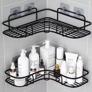 Rack 1pc Wrought-iron Bathroom Shelf Corner Non-perforated Storage Rack Wash Kitchen Self-adhesive Tripod With 4 Hooks