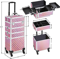 Valise de maquillage professionnelle en aluminium résistante à l'eau, avec roulettes, fermeture éclair à motif fileté, poignée souple, pliable