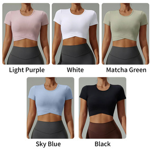 Maglietta da <span class=keywords><strong>donna</strong></span> personalizzata gilet <span class=keywords><strong>Fitness</strong></span> di alta qualità sport a maniche corte palestra allenamento Crop Top allenamento Yoga t-shirt per donne stile Casual - Product Image 2