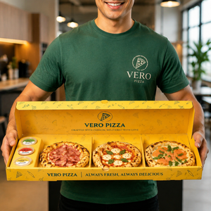 Nouvelle boîte à pizza personnalisée imprimée à 3 compartiments, <span class=keywords><strong>emballage</strong></span> en <span class=keywords><strong>carton</strong></span> de qualité <span class=keywords><strong>alimentaire</strong></span> pour mini-pizzas, boîte à emporter écologique - Product Image 1