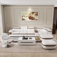 Ensemble de table d'appoint en cuir microfibre minimaliste moderne en forme de L avec port USB, haut-parleur Bluetooth et rangement pour le coin du salon