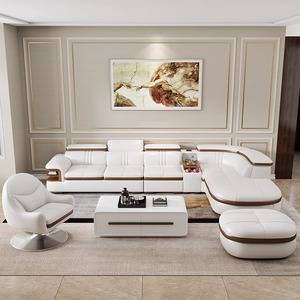 Set Divano Angolare Moderno Minimalista in Pelle Microfibra con Tavolino Laterale, Porta USB, Altoparlante Bluetooth e Vano Portaoggetti per <span class=keywords><strong>Soggiorno</strong></span> - Product Image 3