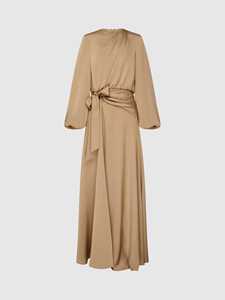 Robe maxi à col rond en satin doré sur mesure en gros, à nouer devant, taille naturelle, unie, élégante pour femmes, lavable à 100% - Product Image 3