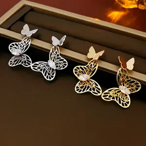 Factory Direct Sale Women 18K Gold Plated Jewellery Micro Cubic Zircon Hollow out Double Butterfly Studs Earrings