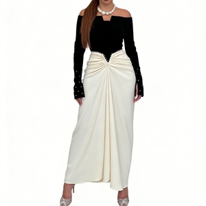 Robes de soirée élégantes pour femmes, à manches longues, plissées, bicolores, avec perles, tendance - Product Image 1