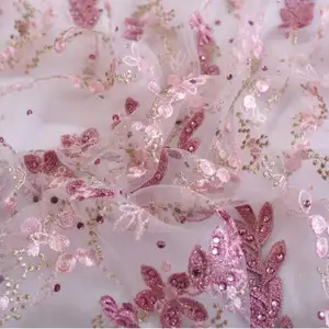 Tessuto da ricamo in tulle splendido fiore 3d, tessuto di pizzo di tulle francese ricamato con paillettes