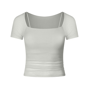 Women 2 In 1 Ruched Mesh Yoga Crop Top Square Neck Built In Bra Short Sleeve Sheer Workout Tee Gym Pilates Athletic T Shirt - Product Image 4