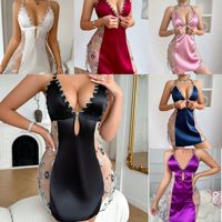 Robe de nuit en satin de polyester respirante à col en V bleu européen et américain, façonnant le corps, anti-rides, sexy, pour femmes, mariage, maison
