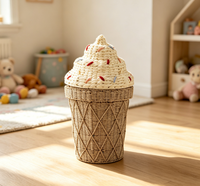 Panier de rangement en osier avec couvercle, motif crème glacée mignon, boîte de rangement pour jouets d'enfants en rotin faite à la main pour la décoration de la chambre d'enfant