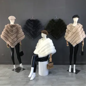 Kadınlar gerçek kürk pelerin moda tilki kürk panço yelek ceket doğal kürk şal üçgen pelerin düğün