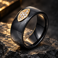 JLM Luxuriöser Breiter Schwarzer Keramikring, Vergoldet mit Augenform-Design, Zirkonia-Besatz, Diamantring für Damen und Herren, Edle Schmuckstücke