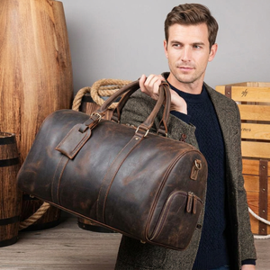 Sac de voyage unisexe pliable, grande capacité, léger, imperméable, en cuir de buffle 100% original, couleur marron, respectueux de l'environnement - Product Image 1