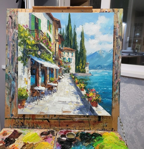 Peinture à l'huile <span class=keywords><strong>Bellagio</strong></span> Lac de <span class=keywords><strong>Como</strong></span>, paysage urbain, art impasto, paysage italien - Product Image 6