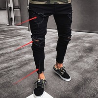 Nouveaux hommes noir Denim genou déchiré fermeture éclair pantalon mode tendance Stretch Skinny Jeans décontracté épée nuage Leggings