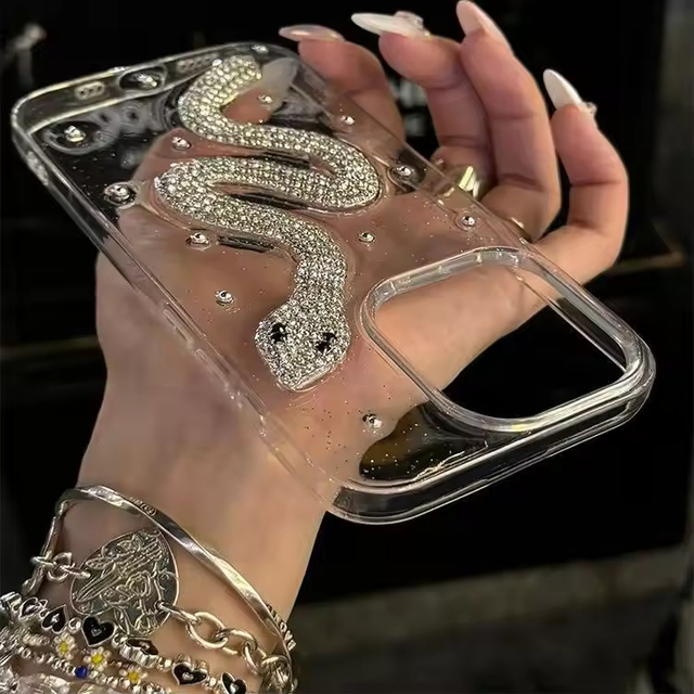 Ins Epoxy Three-Dimensional Full Diamond Snake Mobile Phone Case for iPhone 17 Air 16 Pro Max 15 14 13 12-Electroplate Specialty