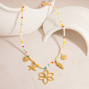 Collier bohème coloré en perles, pendentif fleur en acier inoxydable, style plage océanique, chaîne de clavicule, bijoux pour femmes - Product Image 4