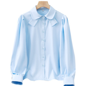 Blue Preppy Style Shirt Women Long Sleeve Puff Sleeve Solid Color Work Blouse Autumn Spring Commute Interview Poplin Fabric - Product Image 5