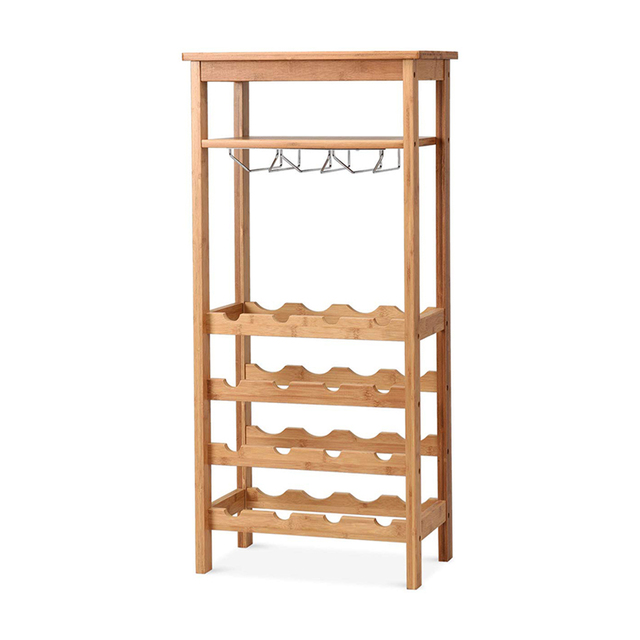 Bamboo Stackable Wine Rack With Glass Cup Stand 4-Tier Large Floor Freestanding Modular Storage Display Shelf