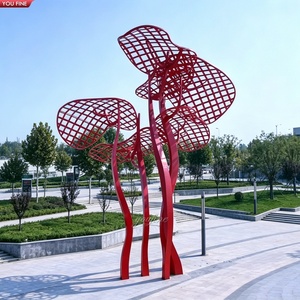 Sculpture d'arbre abstraite YOUFINE en acier inoxydable, art végétal métallique creux orange pour la décoration des places urbaines et des rues - Product Image 4