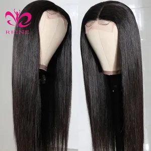 REINE Wig Rambut Manusia Lurus 4X4, Wig Rambut Manusia Lurus 28 Inci, 30 Inci Pre-plecked Remy Wig Rambut Manusia Tarik Ganda