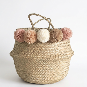 Natural Rattan Storage <b>Basket</b> With Pom Poms Handle Bowl Shape Rustic Multi Purpose - Product Image 1