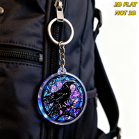 Porte-clés en acrylique Verre Teinté Corbeau Noir Silhouette de Corbeau sur Fond Mosaïque Violet et Bleu Double Face Breloque d'Art Gothique