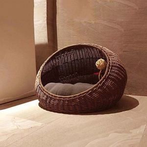 Lit pour chat moderne en rotin tressé à la main, amovible pour l'intérieur, en forme de coquille, semi-ouvert, avec décoration de boule suspendue - Product Image 1