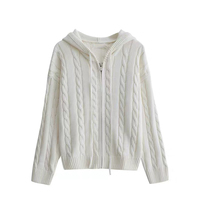 Cardigan à capuche zippé pour femme, tricot torsadé épais, style vintage, manches longues, pull décontracté avec cordon de serrage, vente en gros, personnalisation ODM