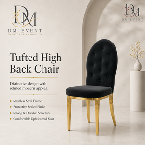 Chaise de réception de mariage ovale haute à dossier capitonné en acier inoxydable doré avec revêtement noir pour salles de banquet – Vente en gros de sièges - Product Image 1