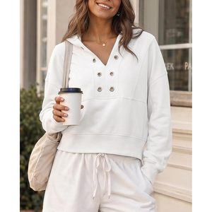 Sweat-shirt à capuche court pour femme, col en V, coupe oversize, manches longues, style automne, blanc - Product Image 3