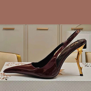 Sandalias de tacón de aguja doradas con correa trasera para mujer, de charol, con punta, estilo slingback - Product Image 4