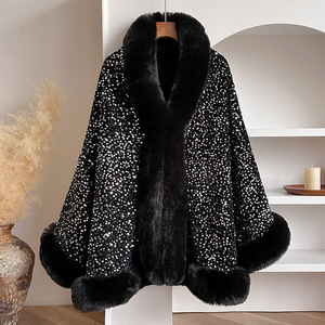 Cape châle poncho pour femme en sequins scintillants d'hiver de luxe, chaud, épais, pour soirée, col en fausse fourrure, châles - Product Image 1