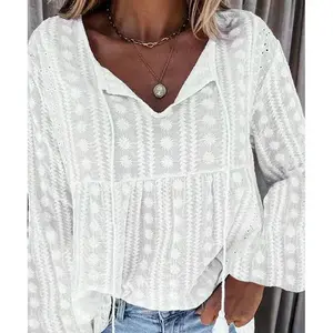 Boho Inspired dantel İpli bluzlar bayan moda bluzlar Tops beyaz Boho nakış İpli V boyun uzun kollu üst