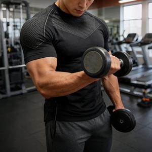 <span class=keywords><strong>T</strong></span>-<span class=keywords><strong>shirt</strong></span> de compression sans couture tricoté sur mesure OEM pour homme, élastique, séchage rapide, manches courtes, pour la course, la gym, le sport et le fitness - Product Image 1