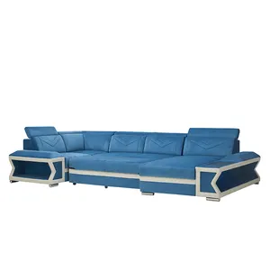 Modern full leather living room u shape sofa set furniture luxury blue leather sofa with sleep place