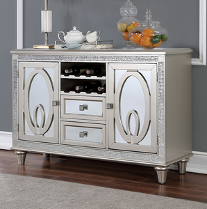 Contemporary Luxury Silver Extendable Server Solid Wood Storage Drawers <b>Mirror</b> <b>Tile</b> Accents Living Room Cabinet - Product Image 1
