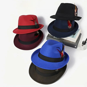 Sombrero Fedora de Fieltro de Lana, Color Sólido, Parte Superior en Forma de Campana con Decoración de Plumas, Estilo Artístico Retro, Sombrero de Caballero para Fiesta - Product Image 1