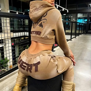 Two Piece Suits Distressed Patch Rhinestones <b>Cropped</b> Hoodie Woman Sun Faded <b>Cropped</b> <b>Zip</b> <b>up</b> Hoodie Women Tracksuit Sweatsuit Set - Product Image 1