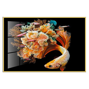 الحديثة نمط الحيوان الذهبي أسماك و المرجان الخزف المصنوع من الكريستال اللوحة خلفية سوداء اللون البرتقالي عالية لامعة ل جدار الفن - Product Image 2