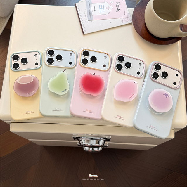 Summer IMD Fruits holder Phone case for Apple Phone 17 16 15 Pro Max Stand Rainbow Lemon gradient Peach Laser back Cover girls