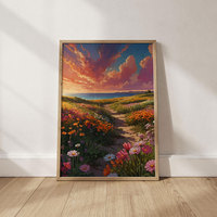 HAOWAI OEM/ODM Impressions d'art de coucher de soleil aux fleurs sauvages côtières, Paysage de sentier de plage, Décoration murale, Affiches d'art, Impressions murales, Œuvre d'art vintage, Cadeau