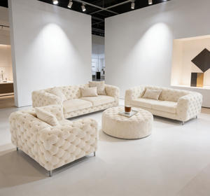 Ensemble de canapés en bouclette crème haut de gamme - Mobilier de salon capitonné de qualité supérieure (canapé + fauteuil + pouf) Pieds en métal robustes - Product Image 4