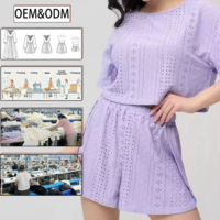 Ensemble de pyjama en polyester terylène rayé à œillets, haut court à manches courtes et col oversize, short à taille élastique, vêtements de détente pour femmes