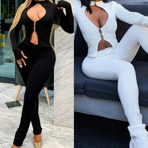 Viviblook D25ST363 ملابس جديدة للسيدات طقم قطعتين خطاف مجوف وحلقة علوية سحاب بنطلون مثير ضيق طقم من قطعتين للنساء - Product Image 2